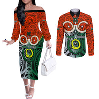 Vanuatu Penama Province Couples Matching Off The Shoulder Long Sleeve Dress and Long Sleeve Button Shirts Pig Tusk Mix Maori Pattern and Namele Leaf LT03 Orange - Polynesian Pride