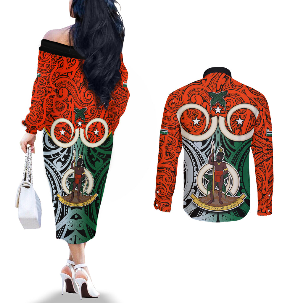 Vanuatu Penama Province Couples Matching Off The Shoulder Long Sleeve Dress and Long Sleeve Button Shirts Pig Tusk Mix Maori Pattern and Namele Leaf LT03 - Polynesian Pride