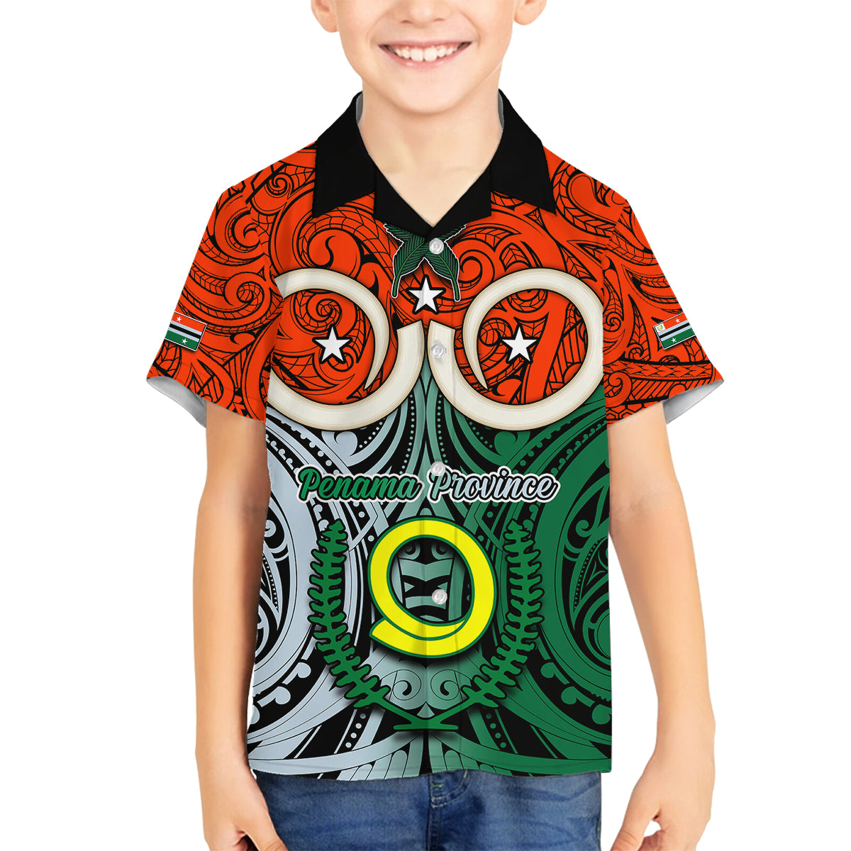 Vanuatu Penama Province Family Matching Off Shoulder Short Dress and Hawaiian Shirt Pig Tusk Mix Maori Pattern and Namele Leaf LT03 Son's Shirt Orange - Polynesian Pride