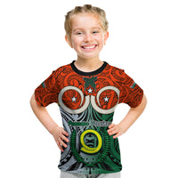 Vanuatu Penama Province Kid T Shirt Pig Tusk Mix Maori Pattern and Namele Leaf LT03 Orange - Polynesian Pride