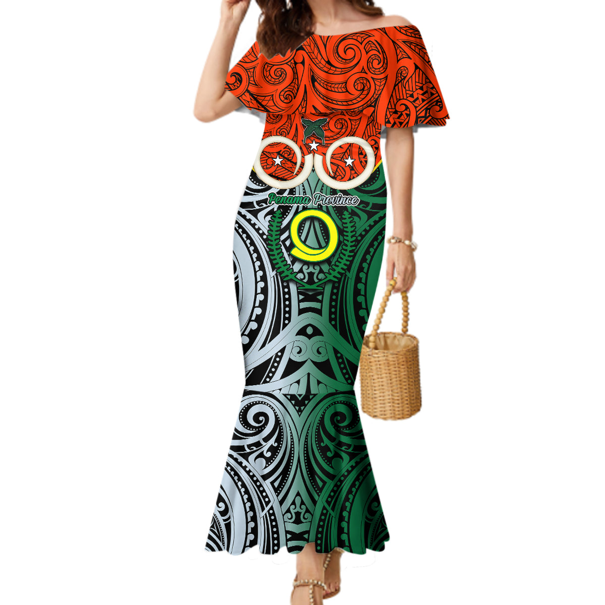 Vanuatu Penama Province Mermaid Dress Pig Tusk Mix Maori Pattern and Namele Leaf LT03 Women Orange - Polynesian Pride