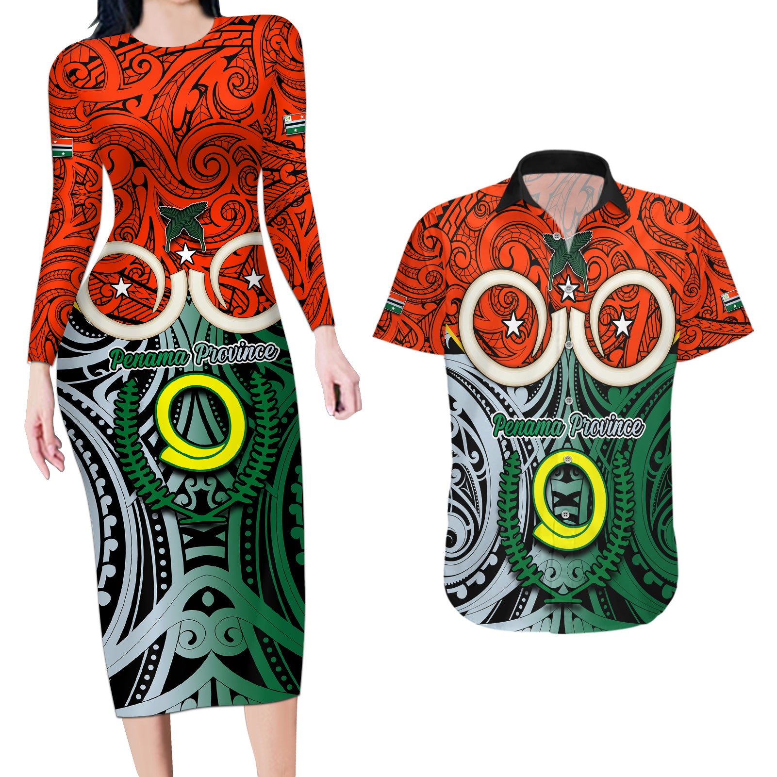 Personalised Vanuatu Penama Province Couples Matching Long Sleeve Bodycon Dress and Hawaiian Shirt Pig Tusk Mix Maori Pattern and Namele Leaf LT03 Orange - Polynesian Pride