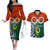 Personalised Vanuatu Penama Province Couples Matching Off The Shoulder Long Sleeve Dress and Hawaiian Shirt Pig Tusk Mix Maori Pattern and Namele Leaf LT03 Orange - Polynesian Pride