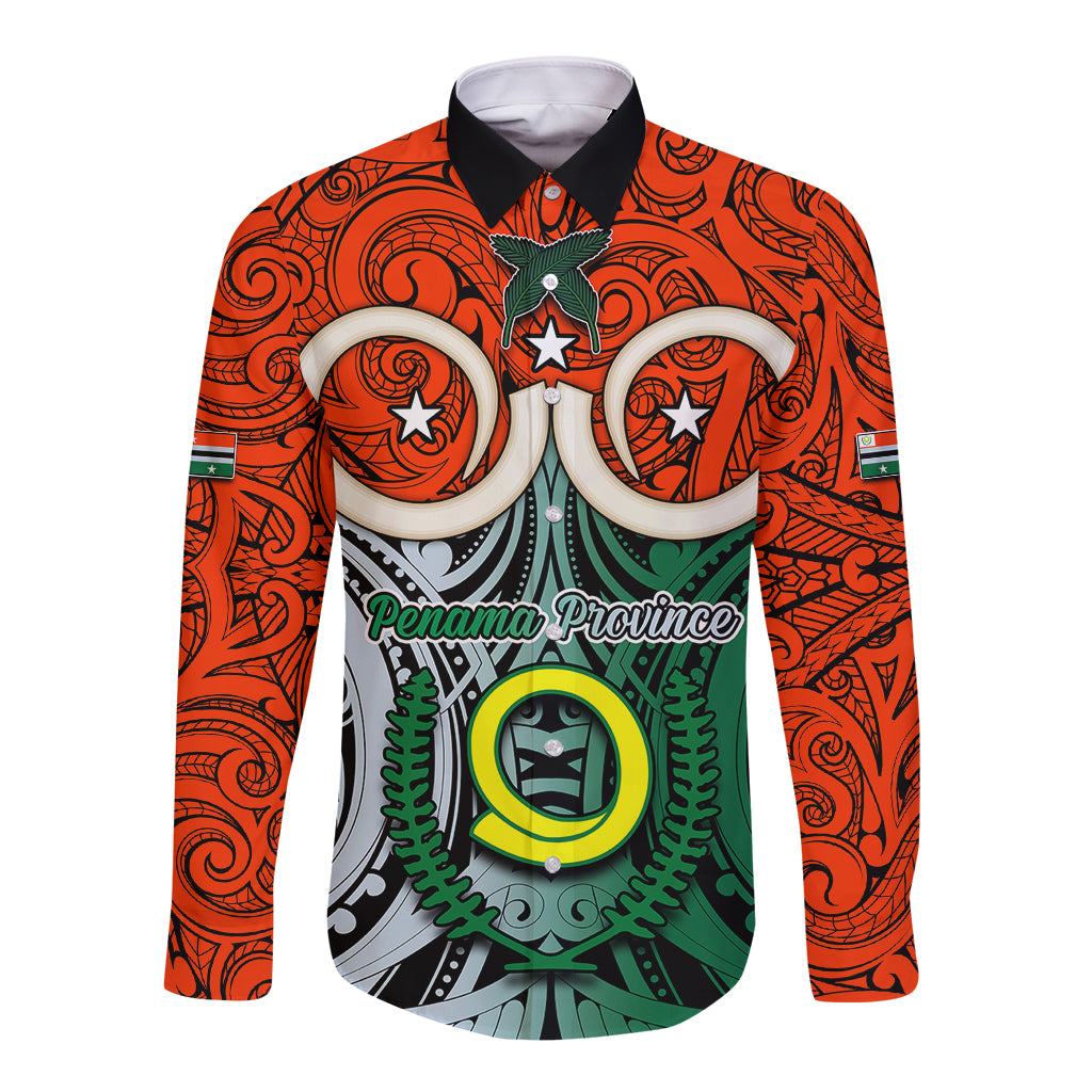 Personalised Vanuatu Penama Province Long Sleeve Button Shirt Pig Tusk Mix Maori Pattern and Namele Leaf LT03 Unisex Orange - Polynesian Pride