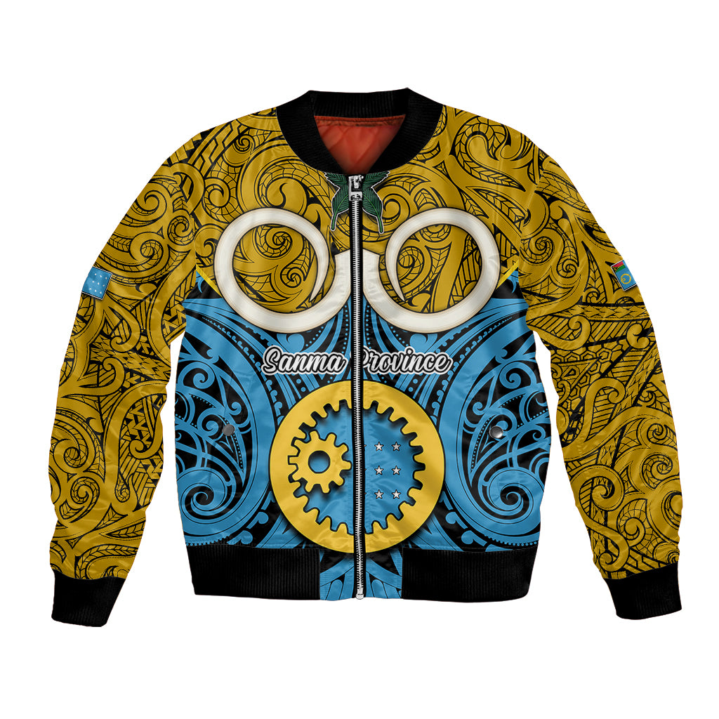 Vanuatu Sanma Province Bomber Jacket Pig Tusk Mix Maori Pattern and Namele Leaf LT03 Unisex Blue - Polynesian Pride