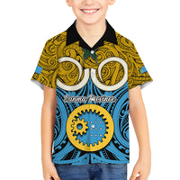 Vanuatu Sanma Province Family Matching Long Sleeve Bodycon Dress and Hawaiian Shirt Pig Tusk Mix Maori Pattern and Namele Leaf LT03 Son's Shirt Blue - Polynesian Pride