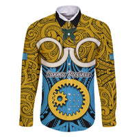 Vanuatu Sanma Province Family Matching Off Shoulder Short Dress and Hawaiian Shirt Pig Tusk Mix Maori Pattern and Namele Leaf LT03 Dad's Shirt - Long Sleeve Blue - Polynesian Pride