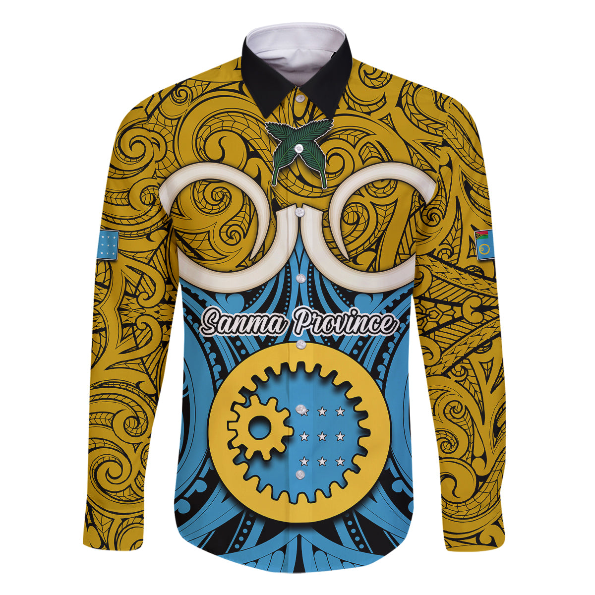 Vanuatu Sanma Province Family Matching Tank Maxi Dress and Hawaiian Shirt Pig Tusk Mix Maori Pattern and Namele Leaf LT03 Dad's Shirt - Long Sleeve Blue - Polynesian Pride