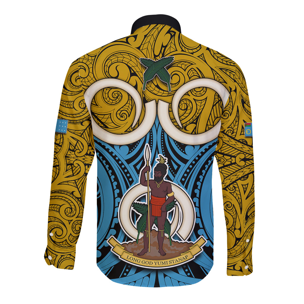 Vanuatu Sanma Province Long Sleeve Button Shirt Pig Tusk Mix Maori Pattern and Namele Leaf LT03 - Polynesian Pride