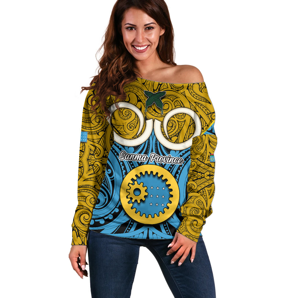 Vanuatu Sanma Province Off Shoulder Sweater Pig Tusk Mix Maori Pattern and Namele Leaf LT03 Women Blue - Polynesian Pride