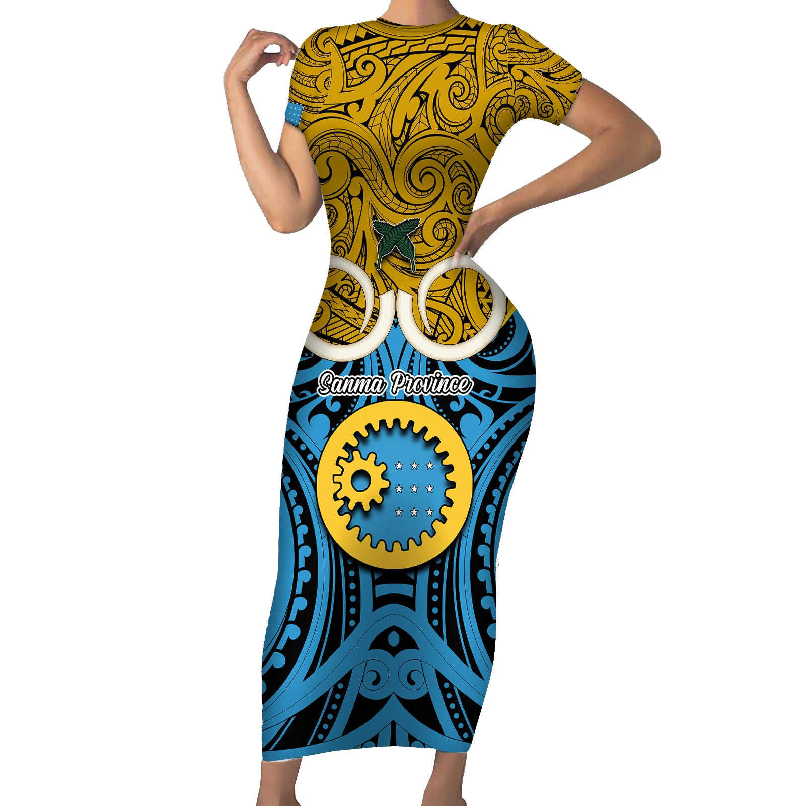 Vanuatu Sanma Province Short Sleeve Bodycon Dress Pig Tusk Mix Maori Pattern and Namele Leaf LT03 Long Dress Blue - Polynesian Pride