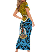Vanuatu Sanma Province Short Sleeve Bodycon Dress Pig Tusk Mix Maori Pattern and Namele Leaf LT03 - Polynesian Pride