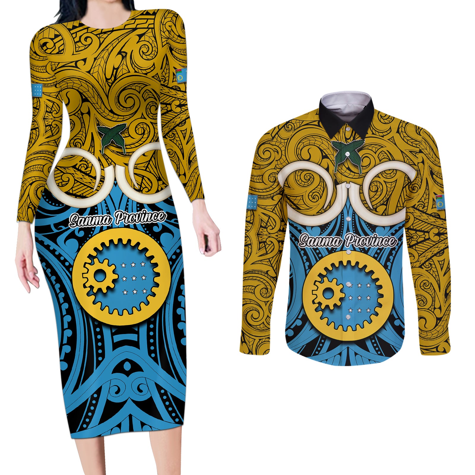 Personalised Vanuatu Sanma Province Couples Matching Long Sleeve Bodycon Dress and Long Sleeve Button Shirts Pig Tusk Mix Maori Pattern and Namele Leaf LT03 Blue - Polynesian Pride