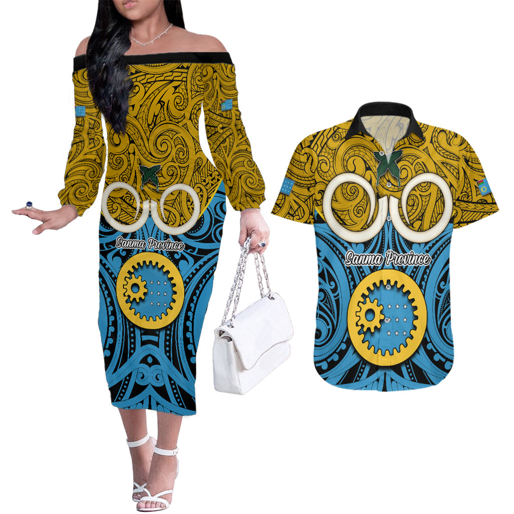 Personalised Vanuatu Sanma Province Couples Matching Off The Shoulder Long Sleeve Dress and Hawaiian Shirt Pig Tusk Mix Maori Pattern and Namele Leaf LT03 Blue - Polynesian Pride