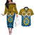 Personalised Vanuatu Sanma Province Couples Matching Off The Shoulder Long Sleeve Dress and Hawaiian Shirt Pig Tusk Mix Maori Pattern and Namele Leaf LT03 Blue - Polynesian Pride