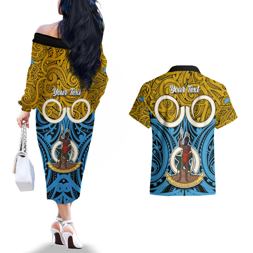 Personalised Vanuatu Sanma Province Couples Matching Off The Shoulder Long Sleeve Dress and Hawaiian Shirt Pig Tusk Mix Maori Pattern and Namele Leaf LT03 - Polynesian Pride