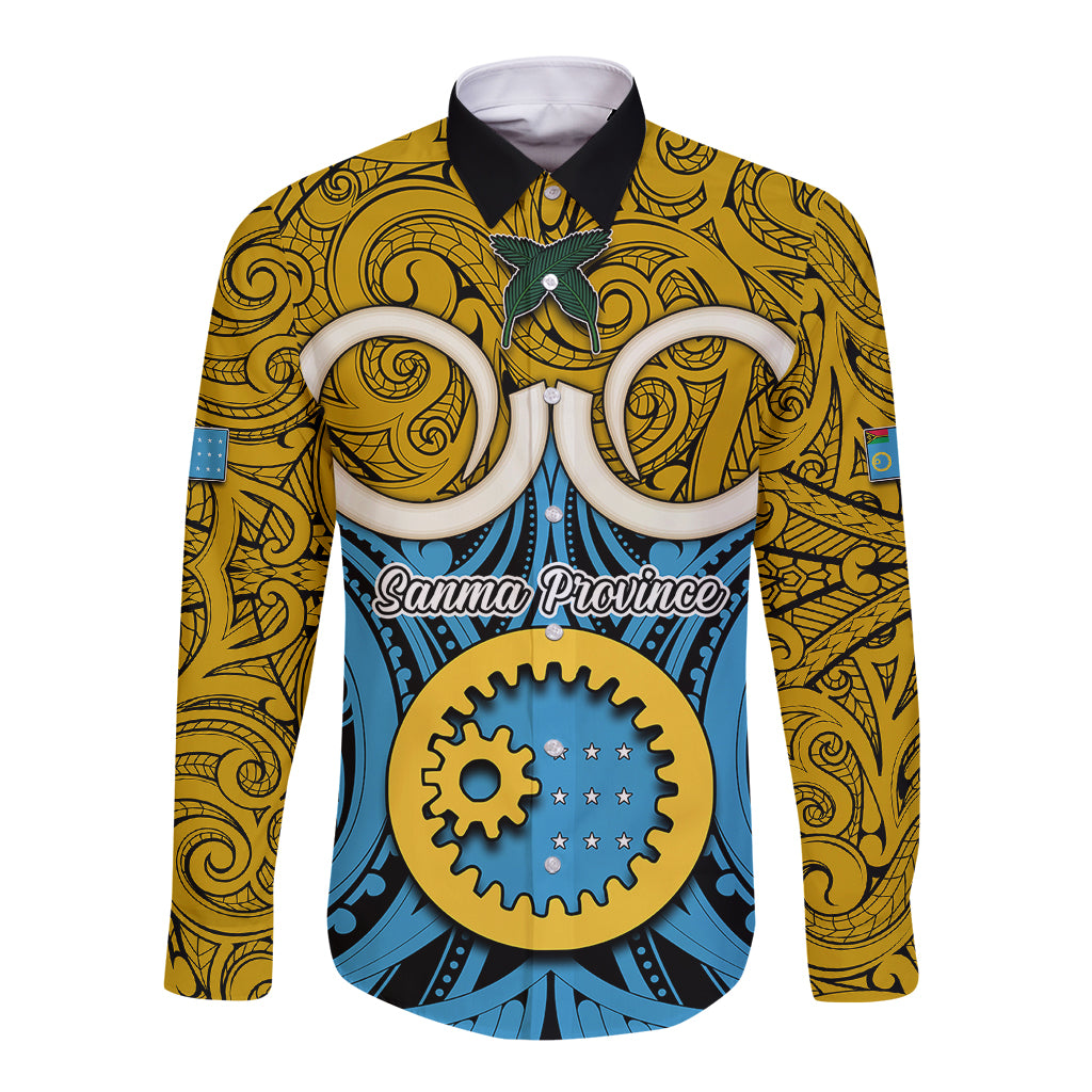 Personalised Vanuatu Sanma Province Long Sleeve Button Shirt Pig Tusk Mix Maori Pattern and Namele Leaf LT03 Unisex Blue - Polynesian Pride