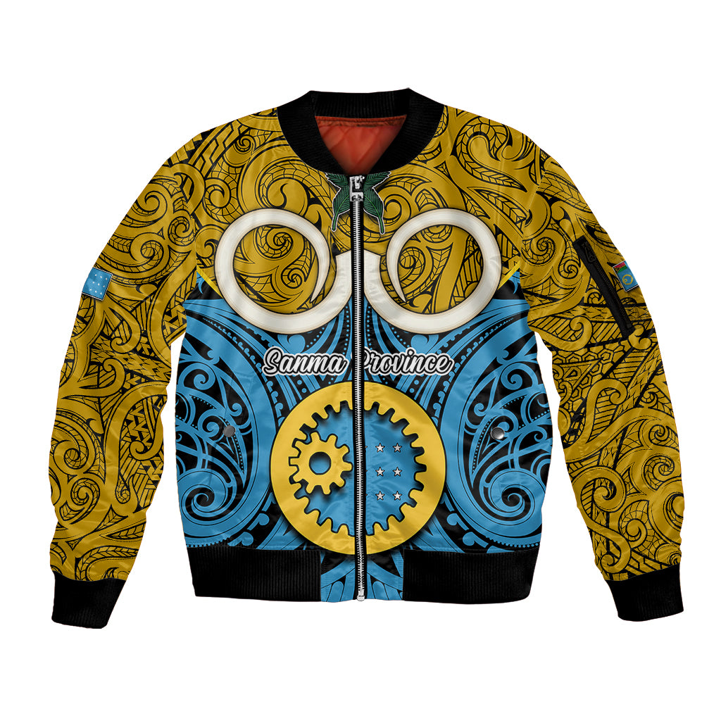Personalised Vanuatu Sanma Province Sleeve Zip Bomber Jacket Pig Tusk Mix Maori Pattern and Namele Leaf LT03 Unisex Blue - Polynesian Pride