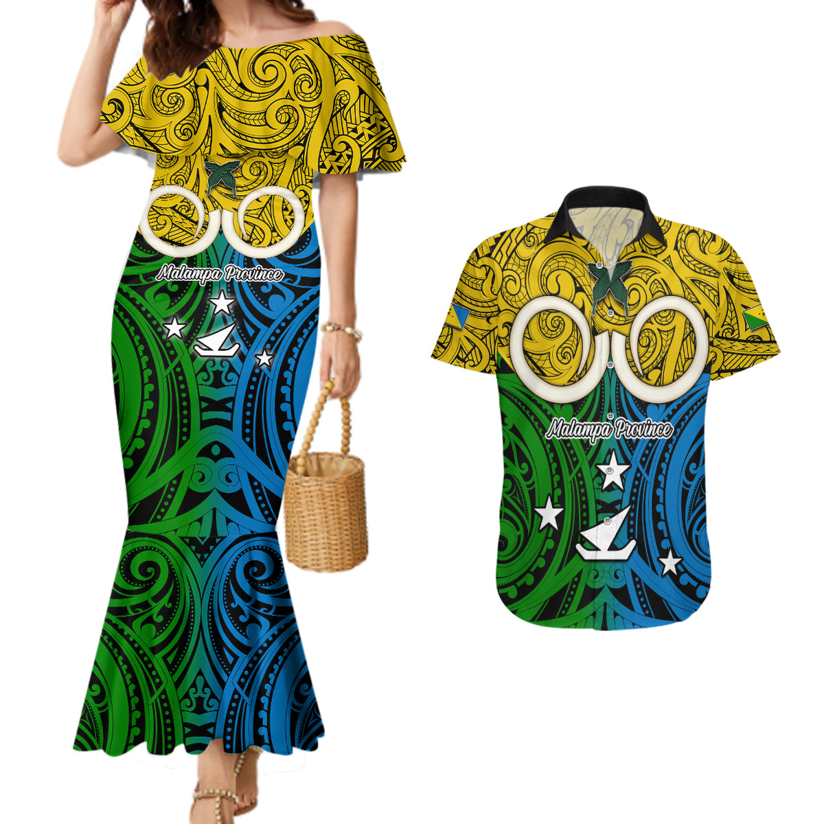 Vanuatu Malampa Province Couples Matching Mermaid Dress and Hawaiian Shirt Pig Tusk Mix Maori Pattern and Namele Leaf LT03 Yellow - Polynesian Pride