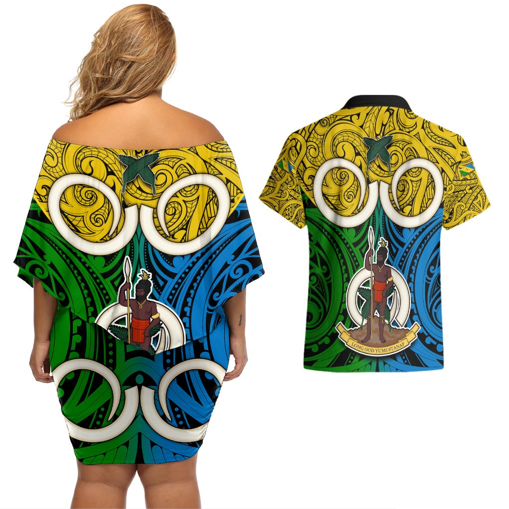 Vanuatu Malampa Province Couples Matching Off Shoulder Short Dress and Hawaiian Shirt Pig Tusk Mix Maori Pattern and Namele Leaf LT03 - Polynesian Pride