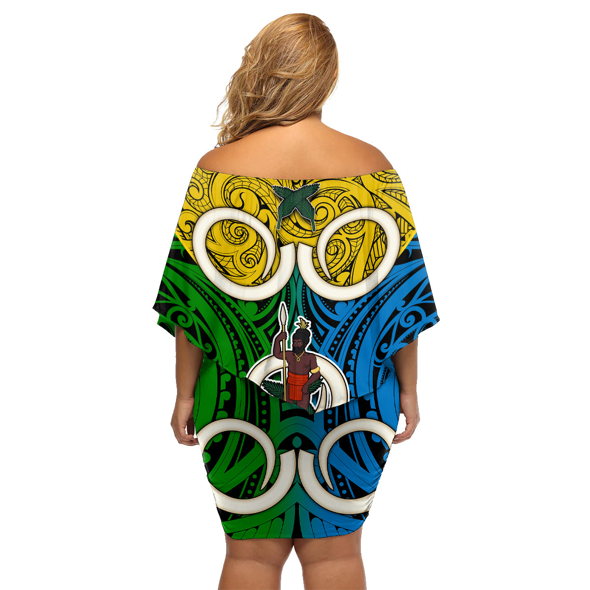 Vanuatu Malampa Province Family Matching Off Shoulder Short Dress and Hawaiian Shirt Pig Tusk Mix Maori Pattern and Namele Leaf LT03 - Polynesian Pride