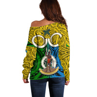 Vanuatu Malampa Province Off Shoulder Sweater Pig Tusk Mix Maori Pattern and Namele Leaf LT03 - Polynesian Pride