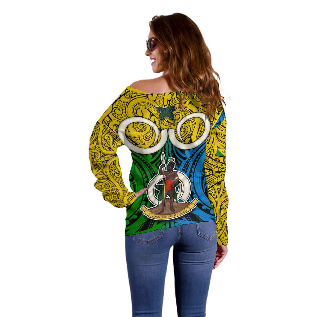 Vanuatu Malampa Province Off Shoulder Sweater Pig Tusk Mix Maori Pattern and Namele Leaf LT03 - Polynesian Pride