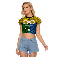 Vanuatu Malampa Province Raglan Cropped T Shirt Pig Tusk Mix Maori Pattern and Namele Leaf LT03 Female Yellow - Polynesian Pride