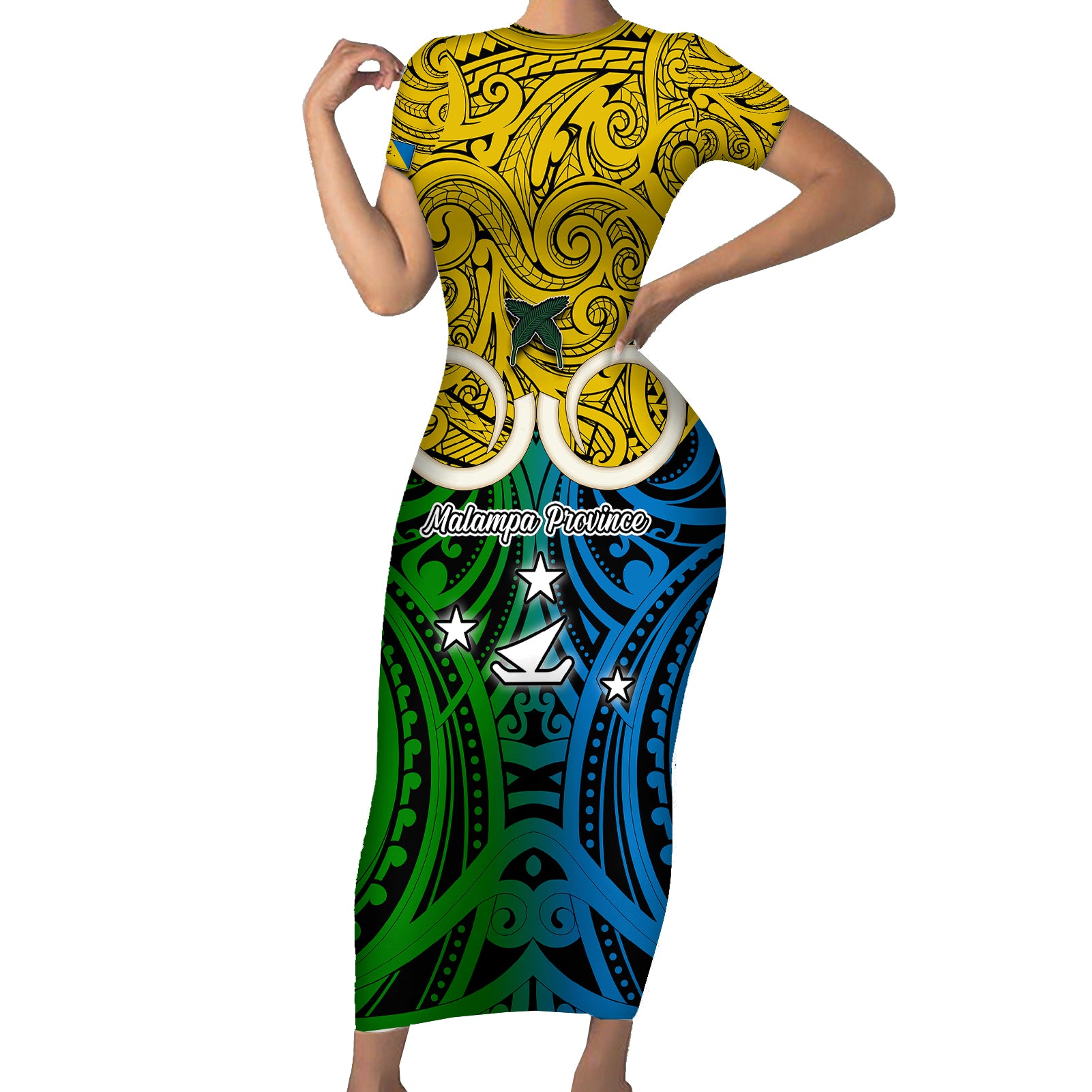 Vanuatu Malampa Province Short Sleeve Bodycon Dress Pig Tusk Mix Maori Pattern and Namele Leaf LT03 Long Dress Yellow - Polynesian Pride