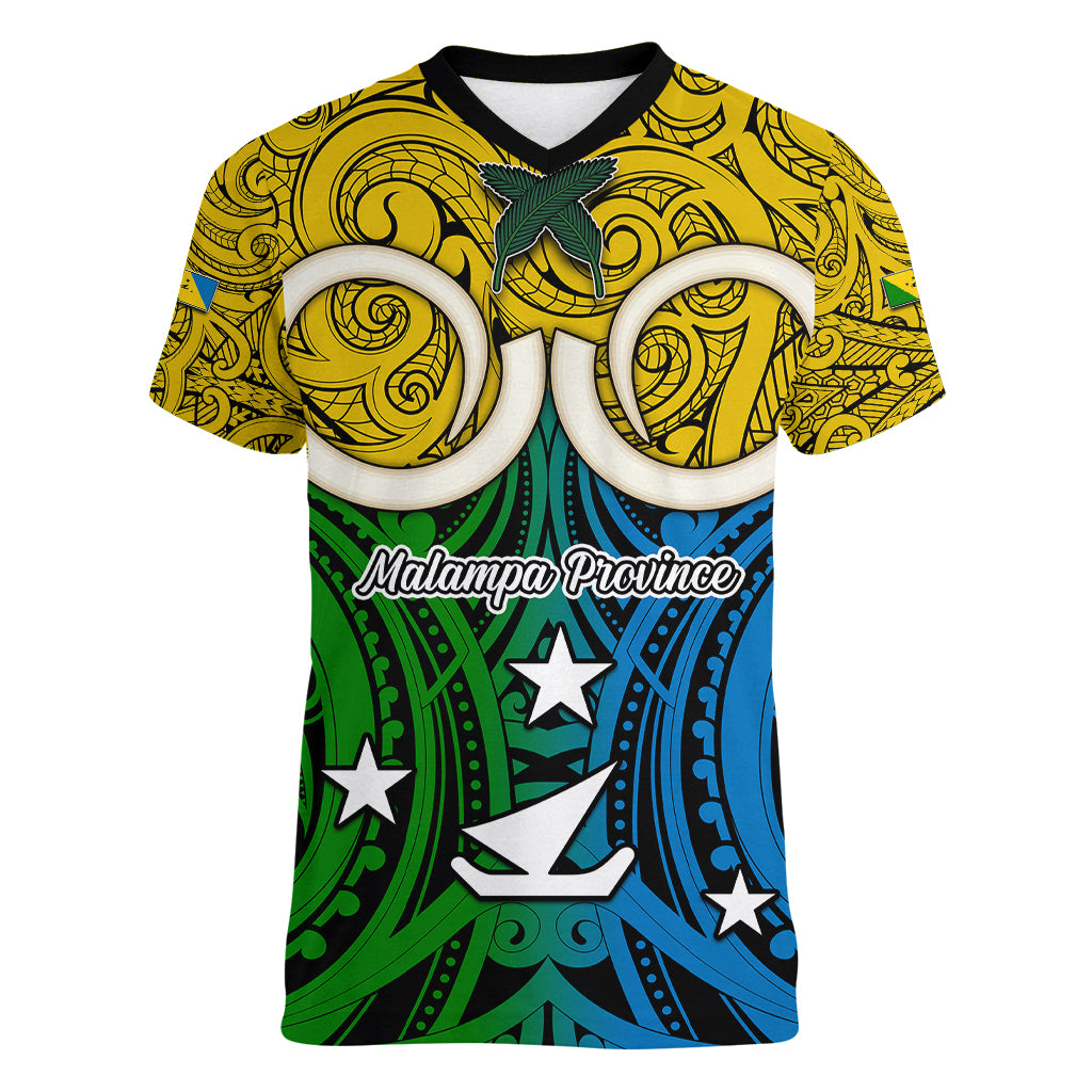 Vanuatu Malampa Province Women V Neck T Shirt Pig Tusk Mix Maori Pattern and Namele Leaf LT03 Female Yellow - Polynesian Pride