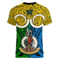 Vanuatu Malampa Province Women V Neck T Shirt Pig Tusk Mix Maori Pattern and Namele Leaf LT03 - Polynesian Pride