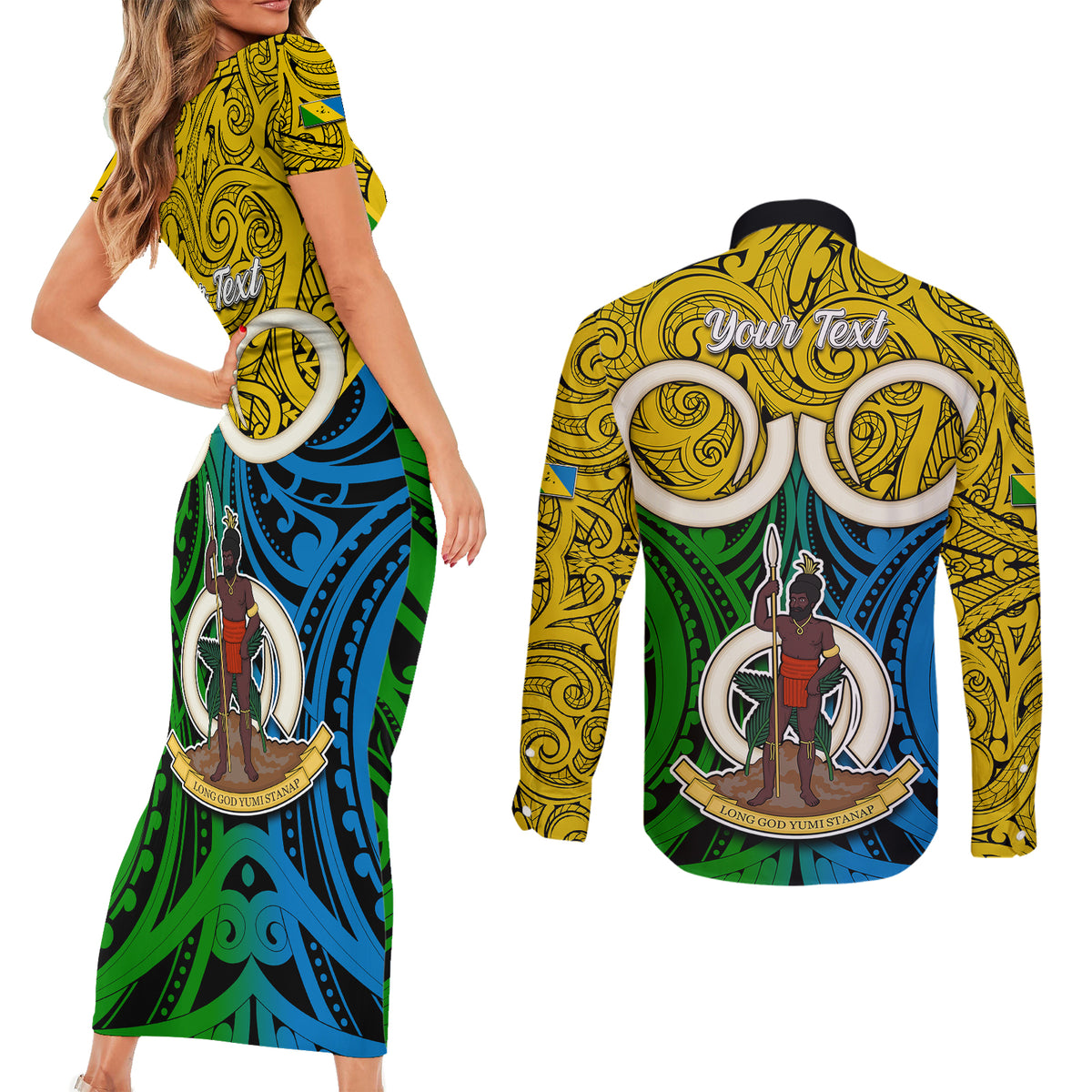 Personalised Vanuatu Malampa Province Couples Matching Short Sleeve Bodycon Dress and Long Sleeve Button Shirts Pig Tusk Mix Maori Pattern and Namele Leaf LT03 - Polynesian Pride