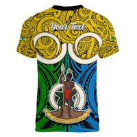 Personalised Vanuatu Malampa Province Women V Neck T Shirt Pig Tusk Mix Maori Pattern and Namele Leaf LT03 - Polynesian Pride