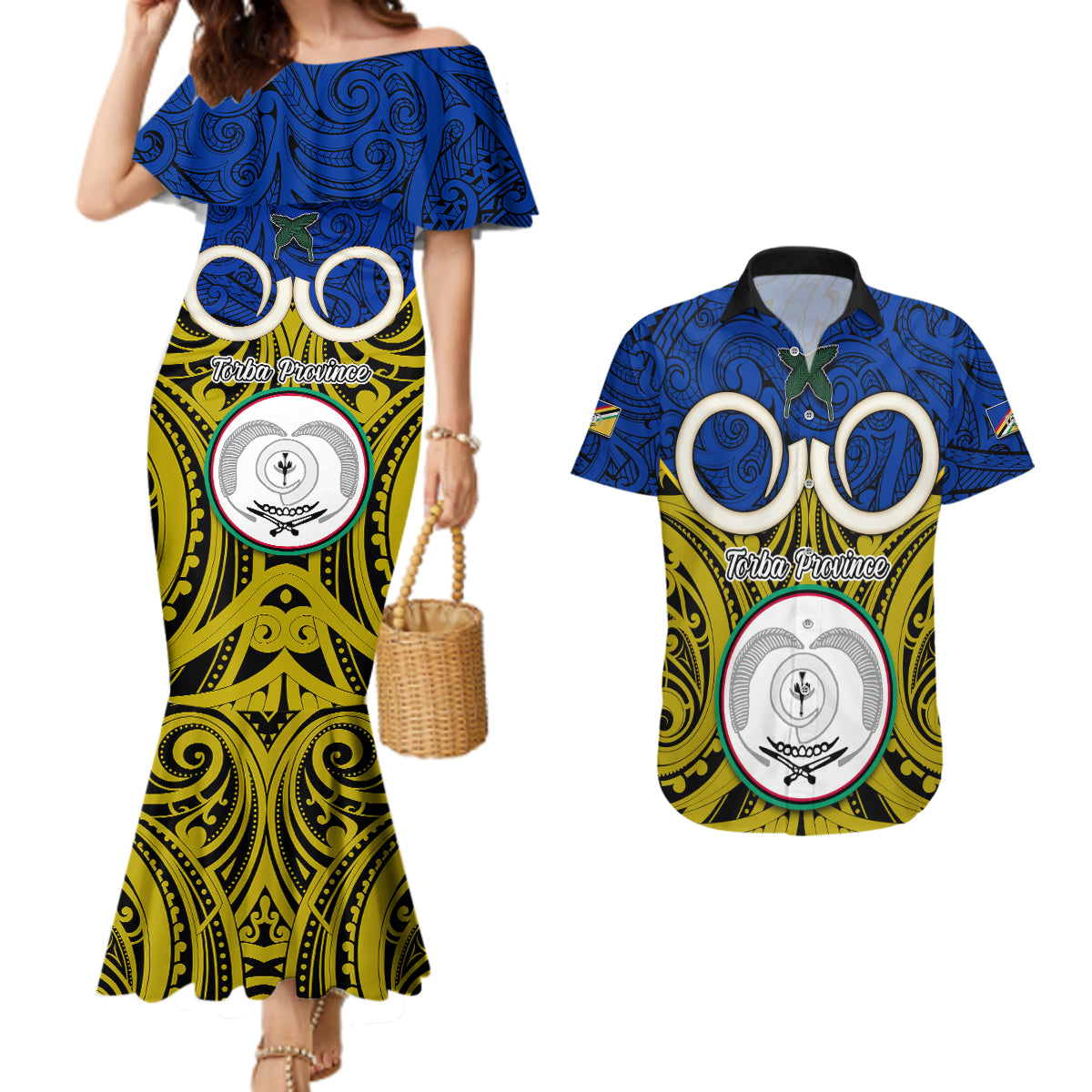 Vanuatu Torba Province Couples Matching Mermaid Dress and Hawaiian Shirt Pig Tusk Mix Maori Pattern and Namele Leaf LT03 Blue - Polynesian Pride