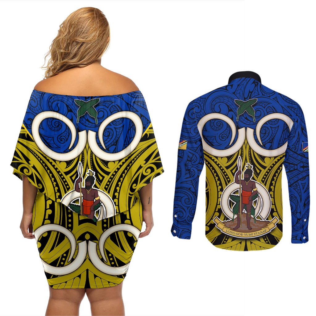 Vanuatu Torba Province Couples Matching Off Shoulder Short Dress and Long Sleeve Button Shirts Pig Tusk Mix Maori Pattern and Namele Leaf LT03 - Polynesian Pride