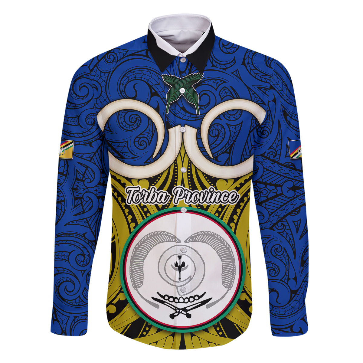 Vanuatu Torba Province Family Matching Off Shoulder Short Dress and Hawaiian Shirt Pig Tusk Mix Maori Pattern and Namele Leaf LT03 Dad's Shirt - Long Sleeve Blue - Polynesian Pride