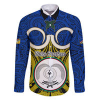 Vanuatu Torba Province Family Matching Off Shoulder Short Dress and Hawaiian Shirt Pig Tusk Mix Maori Pattern and Namele Leaf LT03 Dad's Shirt - Long Sleeve Blue - Polynesian Pride