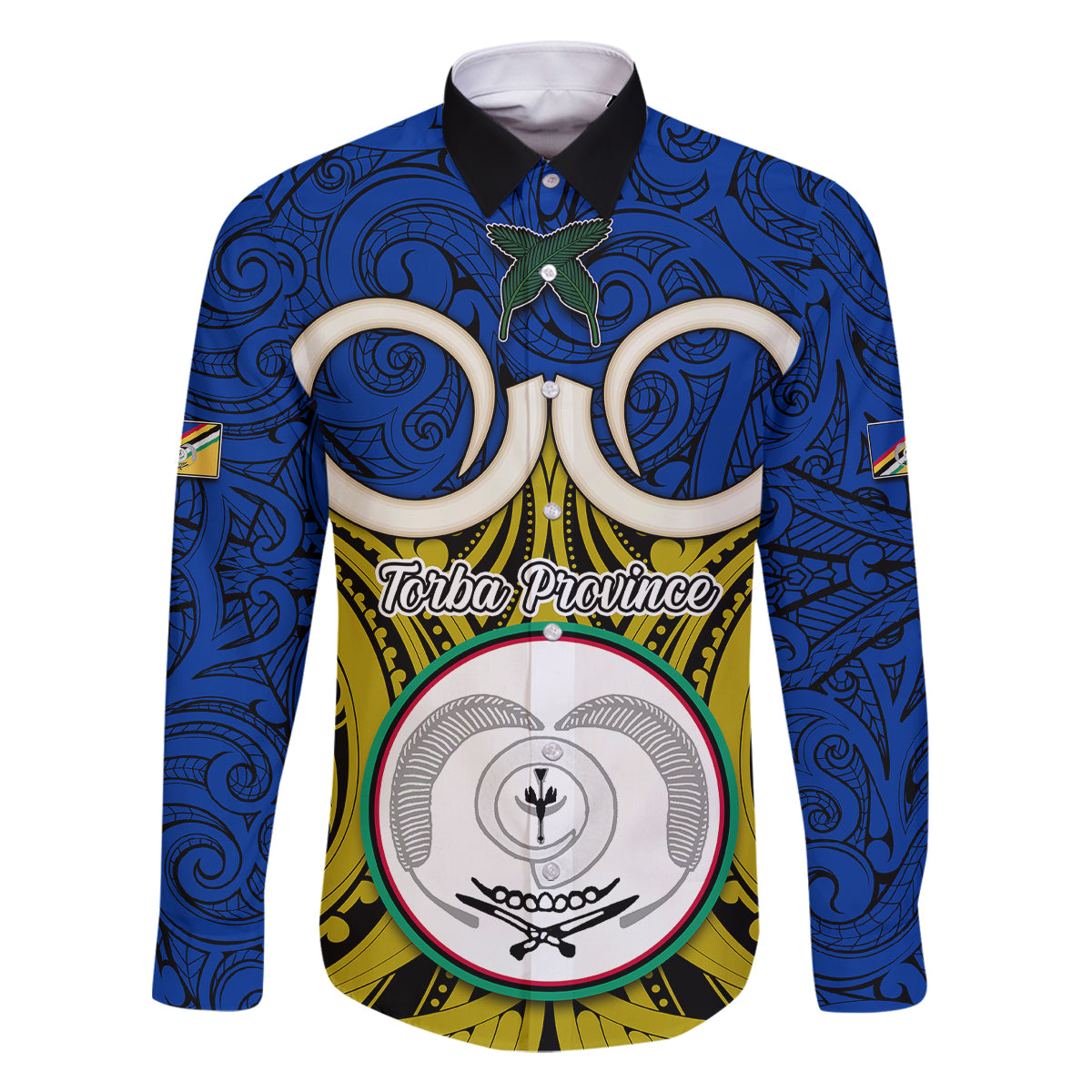 Vanuatu Torba Province Family Matching Tank Maxi Dress and Hawaiian Shirt Pig Tusk Mix Maori Pattern and Namele Leaf LT03 Dad's Shirt - Long Sleeve Blue - Polynesian Pride