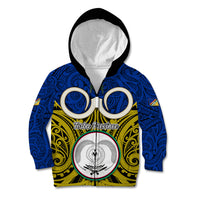 Vanuatu Torba Province Kid Hoodie Pig Tusk Mix Maori Pattern and Namele Leaf LT03 Zip Hoodie Blue - Polynesian Pride