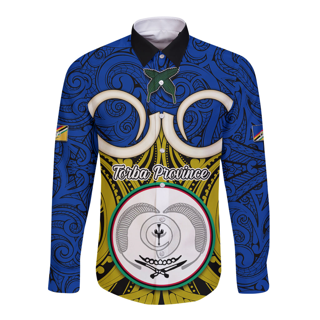 Vanuatu Torba Province Long Sleeve Button Shirt Pig Tusk Mix Maori Pattern and Namele Leaf LT03 Unisex Blue - Polynesian Pride