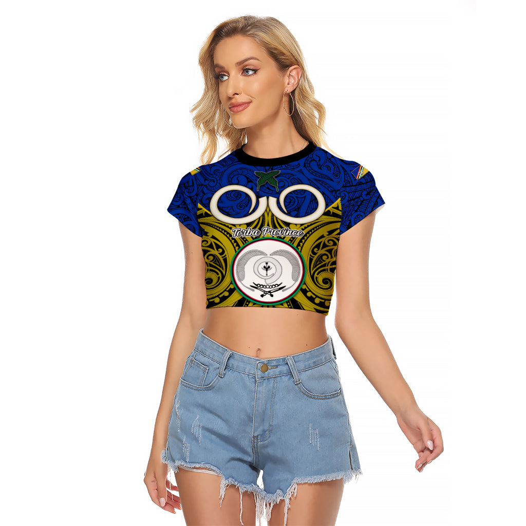 Vanuatu Torba Province Raglan Cropped T Shirt Pig Tusk Mix Maori Pattern and Namele Leaf LT03 Female Blue - Polynesian Pride