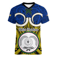 Vanuatu Torba Province Women V Neck T Shirt Pig Tusk Mix Maori Pattern and Namele Leaf LT03 Female Blue - Polynesian Pride