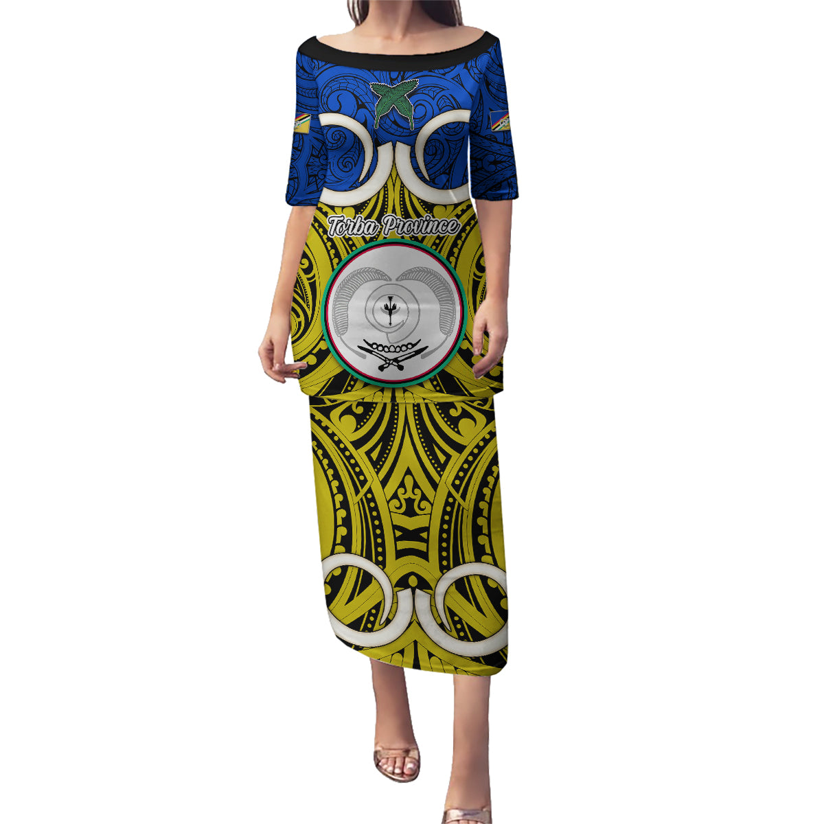 Personalised Vanuatu Torba Province Family Matching Puletasi Dress and Hawaiian Shirt Pig Tusk Mix Maori Pattern and Namele Leaf LT03 Mom's Dress Blue - Polynesian Pride