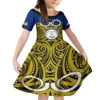 Personalised Vanuatu Torba Province Family Matching Tank Maxi Dress and Hawaiian Shirt Pig Tusk Mix Maori Pattern and Namele Leaf LT03 Daughter's Dress Blue - Polynesian Pride