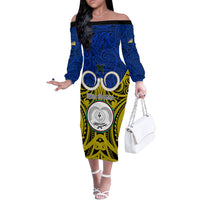 Personalised Vanuatu Torba Province Off The Shoulder Long Sleeve Dress Pig Tusk Mix Maori Pattern and Namele Leaf LT03 Women Blue - Polynesian Pride