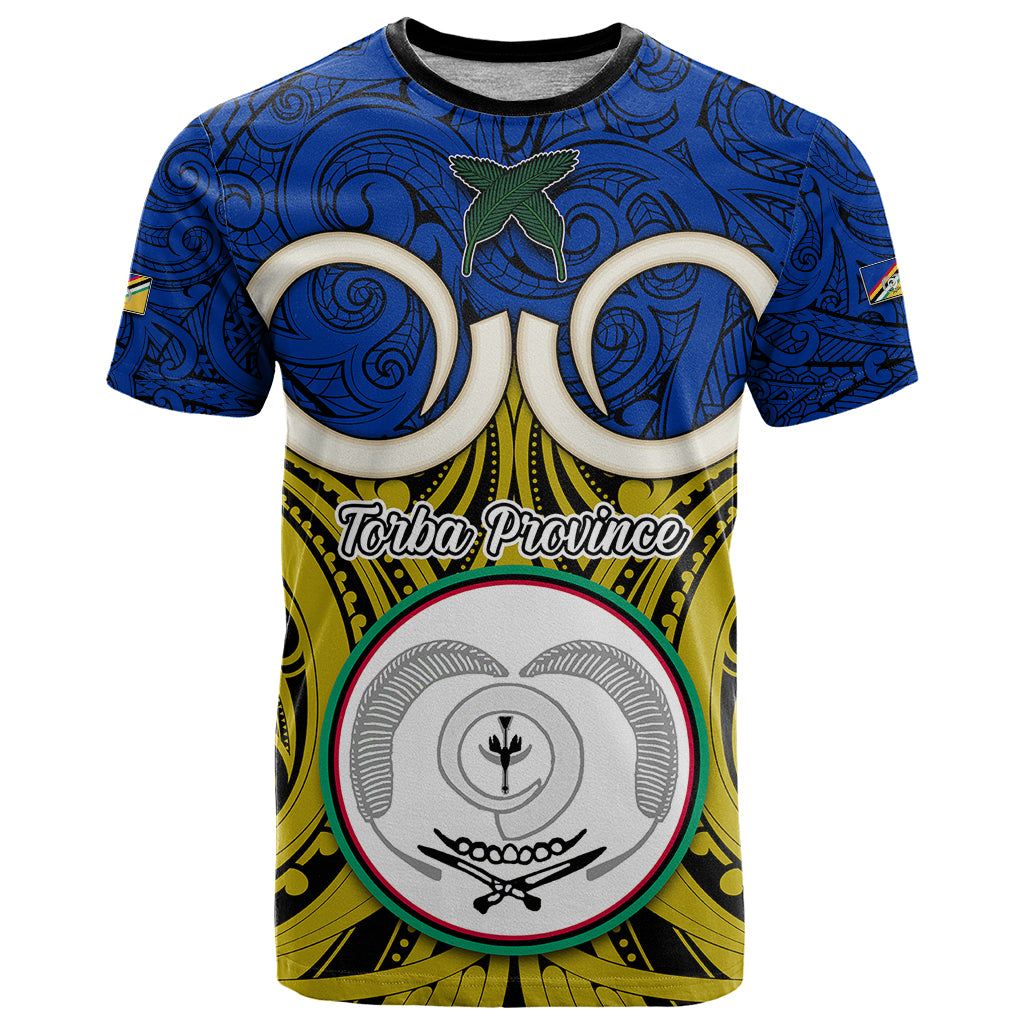 Personalised Vanuatu Torba Province T Shirt Pig Tusk Mix Maori Pattern and Namele Leaf LT03 Blue - Polynesian Pride