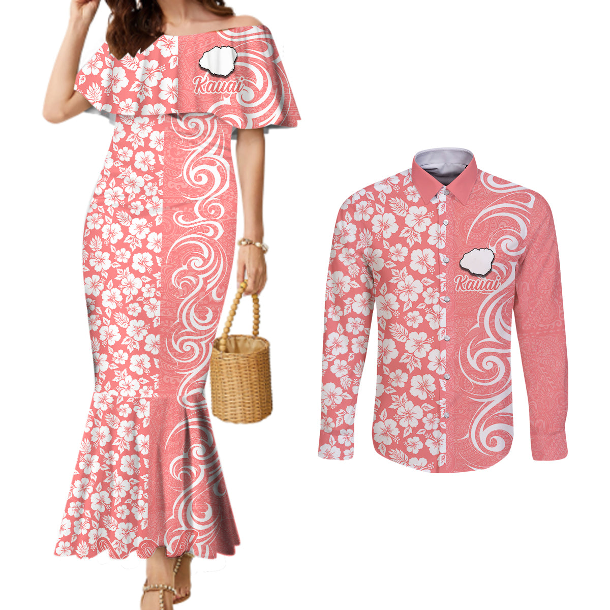 Hawaii Kauai Island Couples Matching Mermaid Dress and Long Sleeve Button Shirts Hibiscus Pattern Seamless Tribal Simple Pink Pastel LT03 Pink - Polynesian Pride
