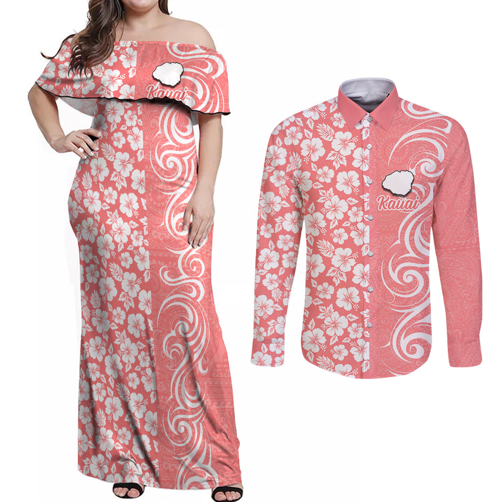 Hawaii Kauai Island Couples Matching Off Shoulder Maxi Dress and Long Sleeve Button Shirts Hibiscus Pattern Seamless Tribal Simple Pink Pastel LT03 Pink - Polynesian Pride