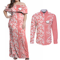 Hawaii Kauai Island Couples Matching Off Shoulder Maxi Dress and Long Sleeve Button Shirts Hibiscus Pattern Seamless Tribal Simple Pink Pastel LT03 Pink - Polynesian Pride