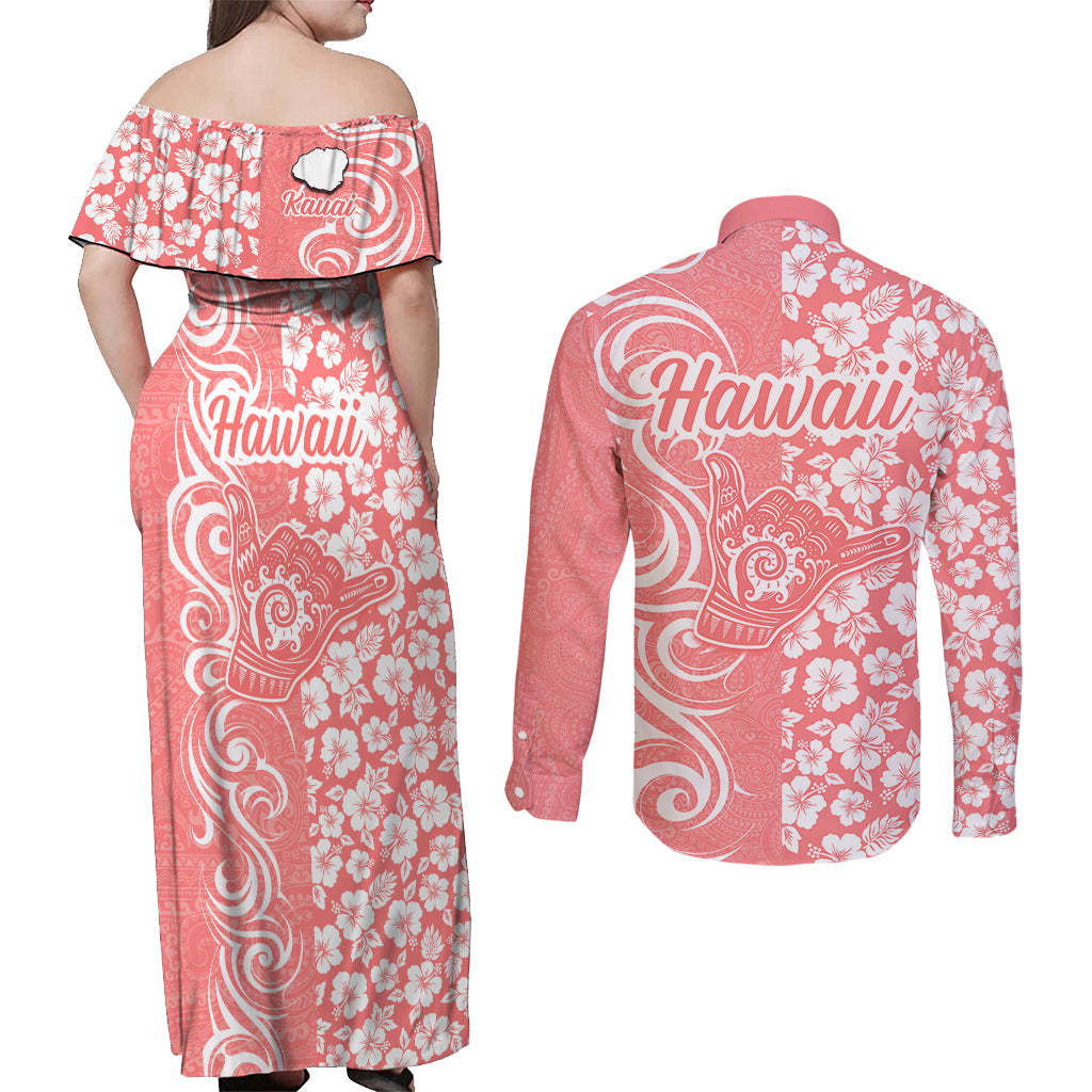 Hawaii Kauai Island Couples Matching Off Shoulder Maxi Dress and Long Sleeve Button Shirts Hibiscus Pattern Seamless Tribal Simple Pink Pastel LT03 - Polynesian Pride